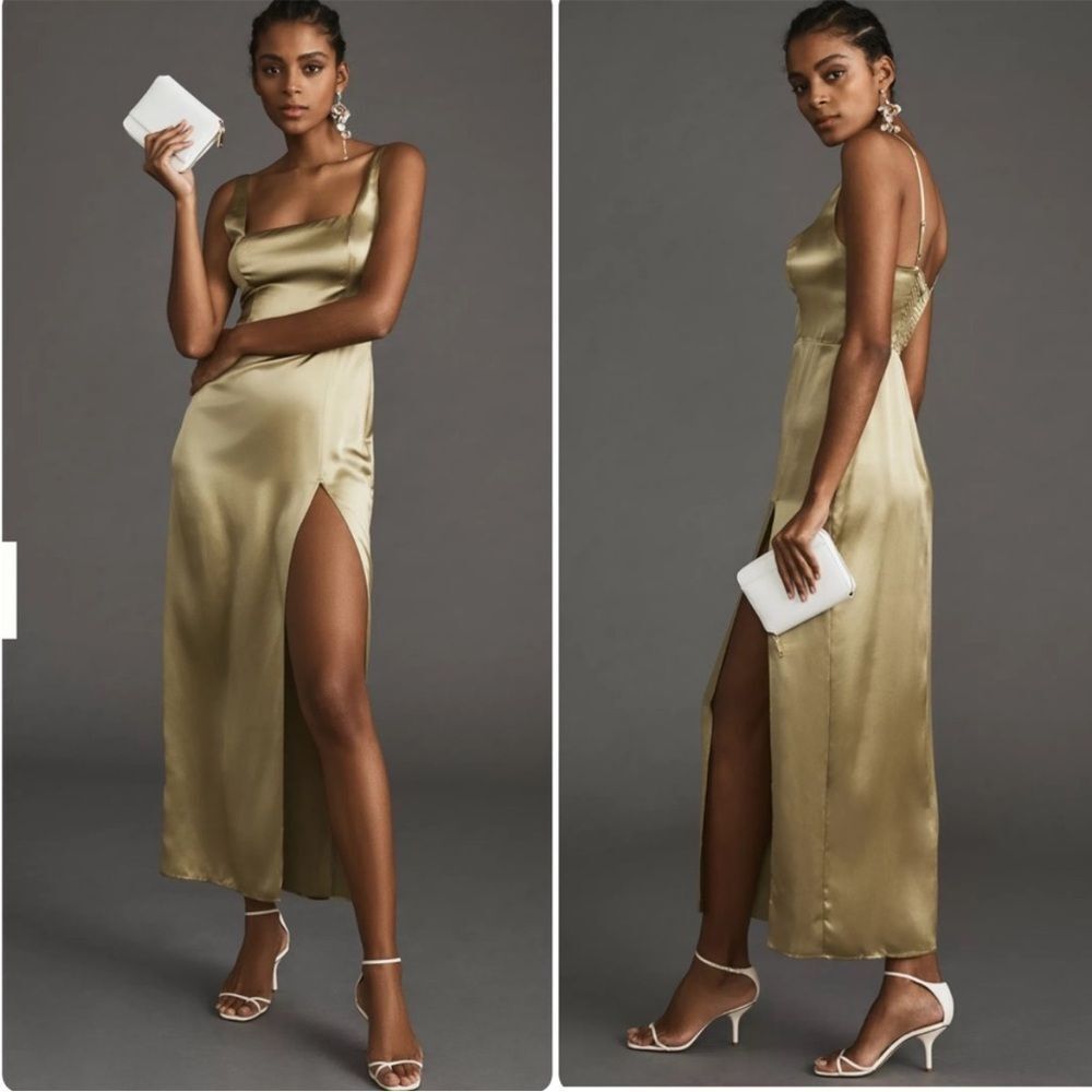 Reformation Olive Satin Midi Dress with Side Slit